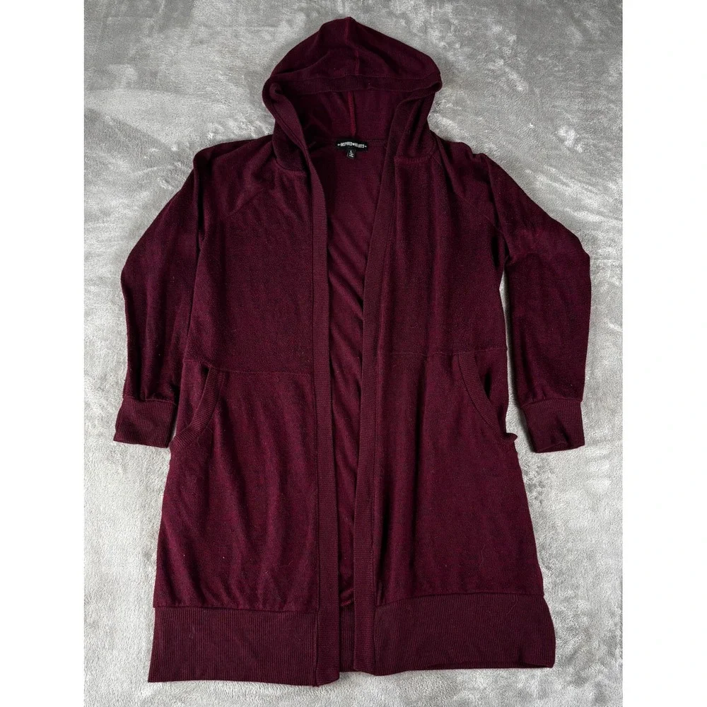 Inspired Hearts Cardigan Womens L Burgundy‎ Excellent Hooded Open Front Longline